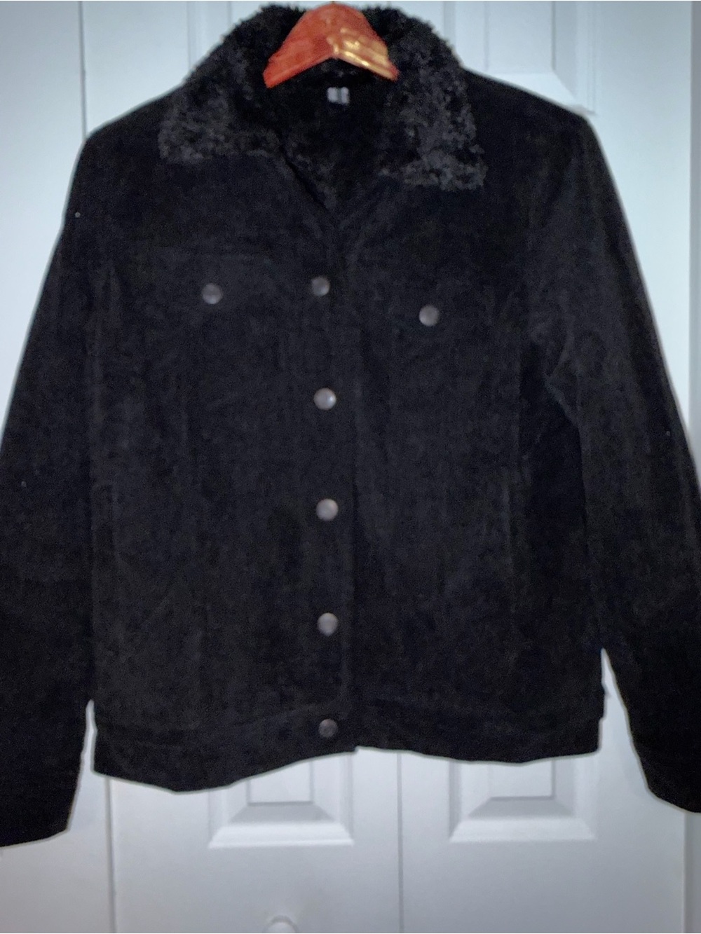 Black Corduroy Sherpa Lined Trucker Jacket Snap Front Size M